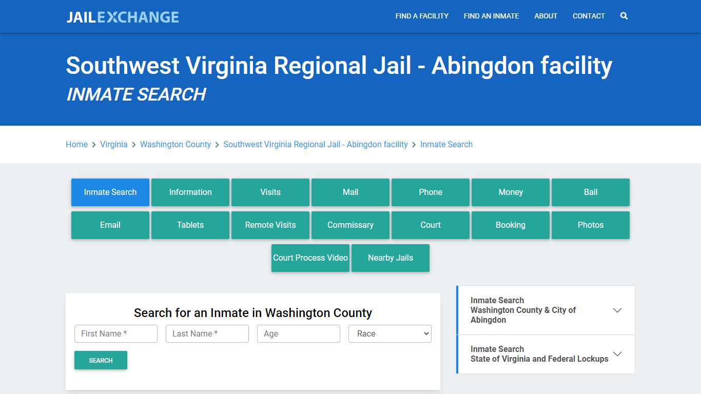 Southwest Virginia Regional Jail - Abingdon facility Inmate Search